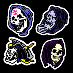 vector illustration artwork skeleton skull grim reaper set icon doodle contour sticker. Can be used as Logo, Brands, Mascots, tshirt, sticker,patch and Tattoo design.
