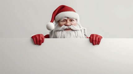 Naklejka premium A realistic of a modern Santa Claus peeking out from behind a white banner. Santa sports a sharp,