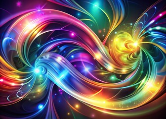 Vibrant swirling shapes and lines merge in a mesmerizing dance, creating a futuristic abstract vector background with a metallic sheen and iridescent hues.