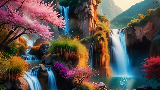 Landscape Full color view of the bush with a waterfall, in a smooth looping background with 4K video animation 