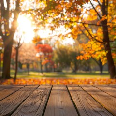 Empty Wooden Table With Autumn Leaves