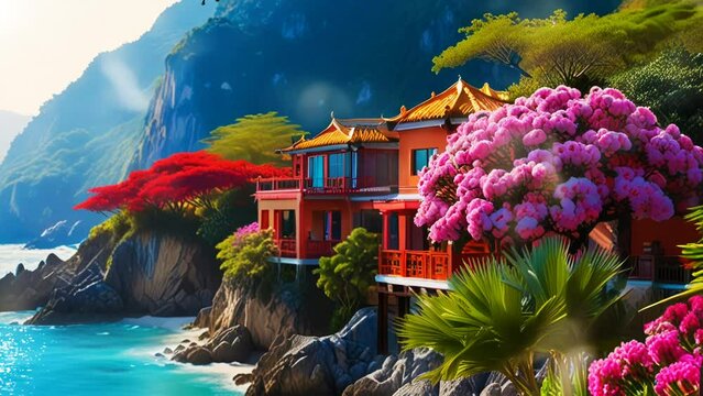 Landscape Rocky hills with Chinese temples and waterfalls, in a smooth looping background with 4K video animation.