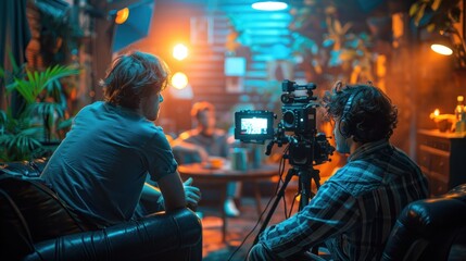 Happy people recording social media podcasts with blogging equipment, using vlog station to broadcast live conversations on internet channels.