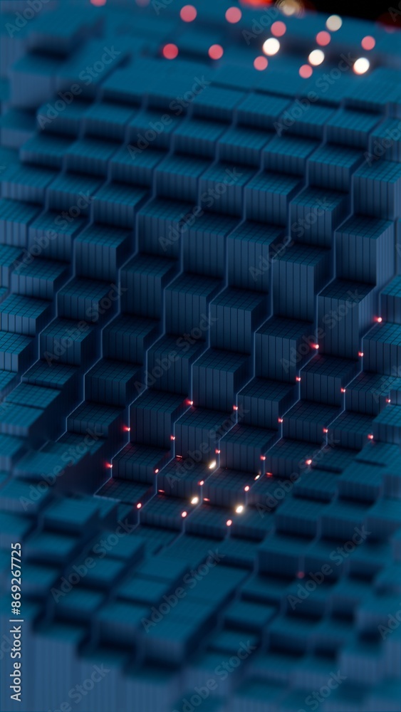 Poster 3d abstract render of teal cubes with red glowing highlights - futuristic geometric design