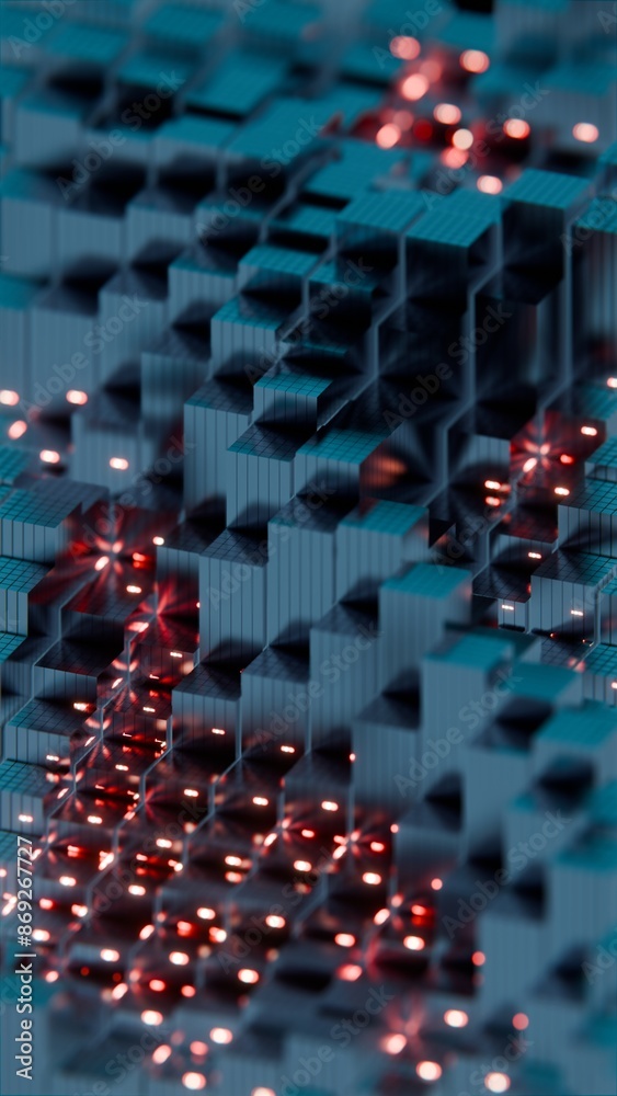 Poster 3D Abstract Render of Teal Cubes with Red Glowing Highlights - Futuristic Geometric Design