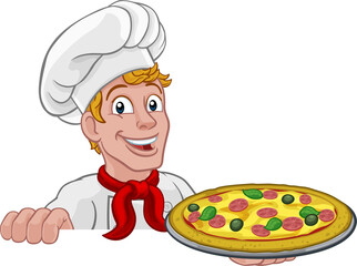 Chef Pizza Cook Cartoon Man Peeking Over Sign