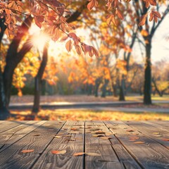 Wooden Table With Leaves in Park