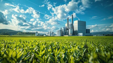 A biomass power plant surrounded by green fields, showing the sustainable generation of energy from organic materials