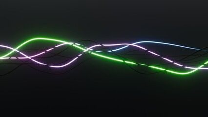 Neon Glowing Light Trails in Dark Background with Green, Purple, and Blue Colors..