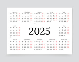 2025 year calendar. Calender layout. Week starts Monday. Monthly planner template with 12 months. Desk organizer grid in horizontal design, A4. Yearly stationery diary, English. Vector illustration