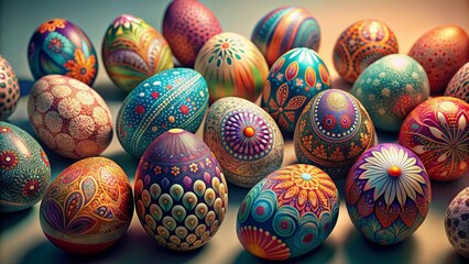 Vibrant, ornate eggs in varied hues, artfully arranged on soft, gradient pastel background, offering ample space for textual overlays and design elements.