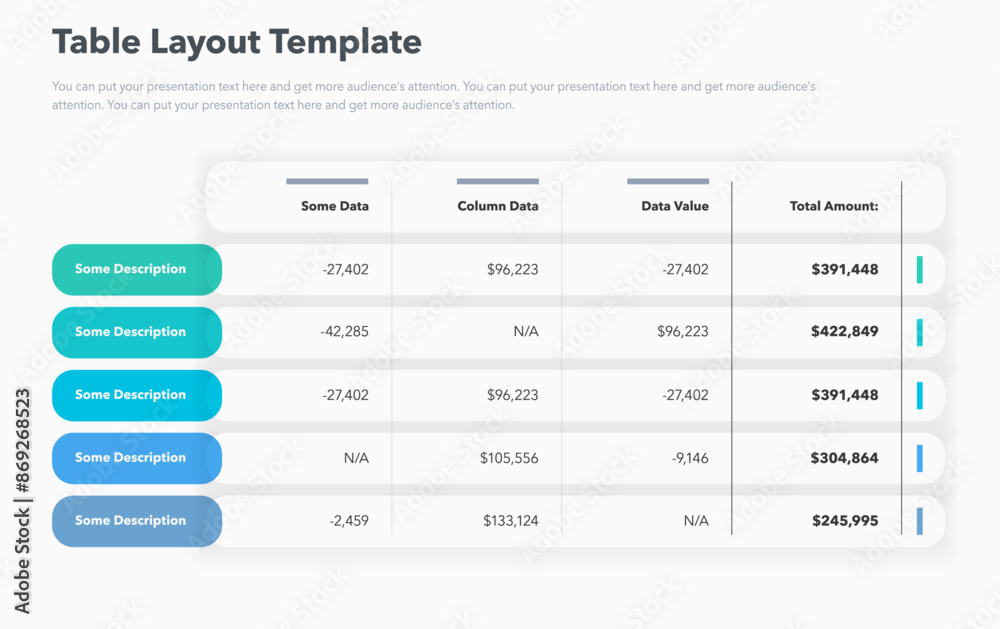 Poster Table layout template with five options and a total amount column. Simple flat template for project data visualization.