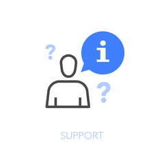Simple visualised support icon symbol with question marks and a consulting person.