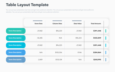 Table layout template with five options and a total amount column. Simple flat template for project data visualization.