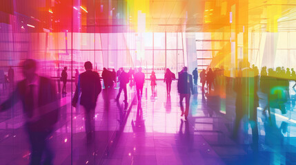 People walking on rainbow colors office space, motion blur effect, LGBT pride gender equality concept..