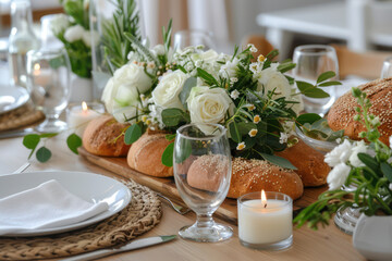 Fototapeta premium Beautifully Decorated Seder Table with Flowers and Candles Perfect Passover Celebration Ideas Creative Festive Decor and Table Settings for Memorable Family Gatherings and Celebrations
