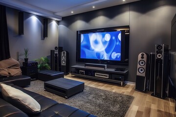 A modern home theater system with a large screen TV in a stylish living room with black leather couches and a rug. Generative AI