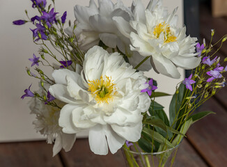 A vase of white flowers with purple flowers in the background