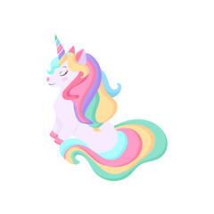 Hand drawn vector illustration of a cute funny unicorn, decoration with hearts, stars. Isolated objects on white background. Flat style design. Concept for children print.