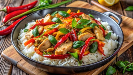 Vibrant, aromatic stir-fry dish featuring chicken, bamboo shoots, bell peppers, and Thai basil in spicy curry sauce, served over fluffy rice.