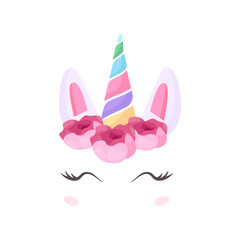 Hand drawn vector illustration of a cute funny unicorn face cake decoration with Flowers. Isolated objects on white background. Flat style design. Concept for children print.