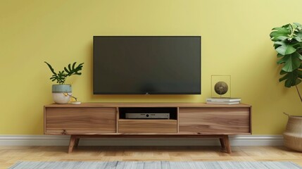 A modern walnut wood TV stand with clean lines, placed against a pale yellow luxury house wall.
