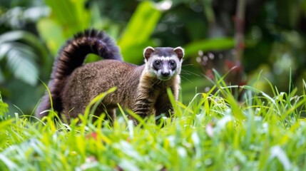 Obraz premium A white-nosed coati with a bushy tail stands amidst tall green grasses, its curious gaze fixed on the viewer