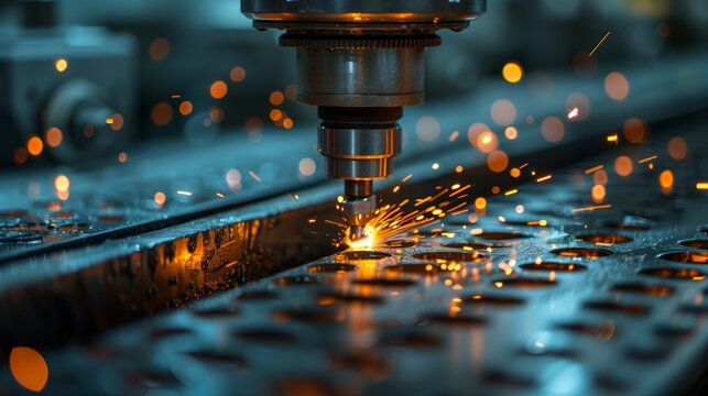 Industrial drilling machine with sparks flying. Close-up of an industrial drilling machine creating sparks as it works, illustrating precision engineering and metalworking.