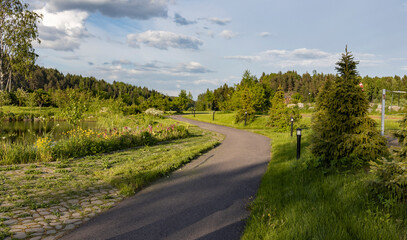 A paved path curves through a lush green forest with tall trees and a small pond in the background. The path is surrounded by lush grass and wildflowers, creating a serene and inviting atmosphere.