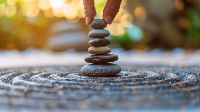 A hand carefully places a stone atop a balanced rock stack, creating a serene zen garden scene.