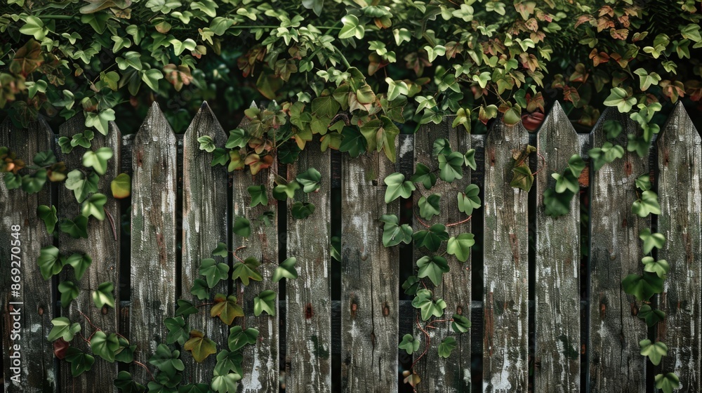 Poster A rustic wooden fence overgrown with lush greenery, ideal for use as a background or in a landscape photo