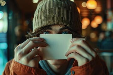 A person conceals their identity with a sheet of paper, one phrase about what pictured on image and a one phrase with a short advice of where may be used this picture