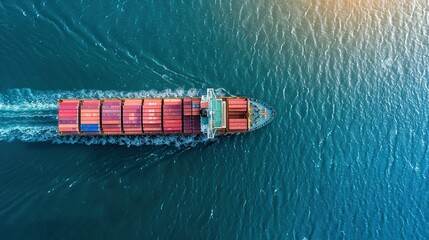 Cargo ship on the ocean, aerial view.
