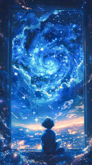 Child gazing at spiral galaxy through window pane