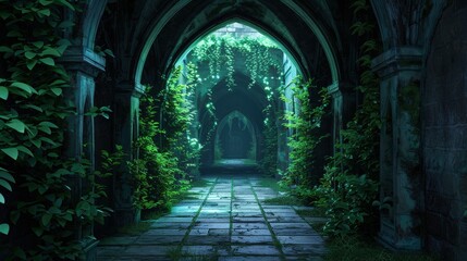 A mysterious stone pathway leads through an overgrown archway into a hidden jungle.  The path is lined with lush foliage and the air is thick with mystery.