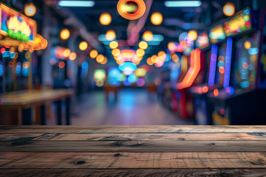 A wooden table in an arcade with blurred colorful lights in the background, offering a perfect mockup space for promotional content or product placement in an entertainment setting.