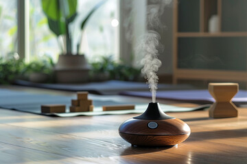 A modern essential oil diffuser releasing a fine mist in a cozy, sunlit room, creating a tranquil atmosphere for relaxation or yoga. The background includes yoga mats and blocks, suggesting