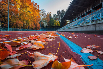 Autumn leaves scattered on a running track with an empty stadium in the background, capturing the essence of the fall season in a sports setting. vibrant colors and fallen leaves add a seasonal touch