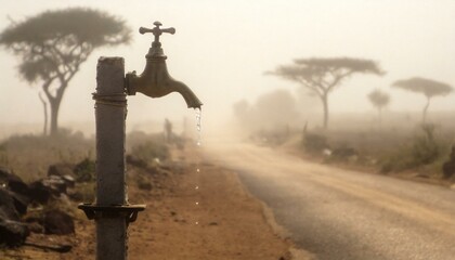 A Tap with droplets of water next to a dry sandy road