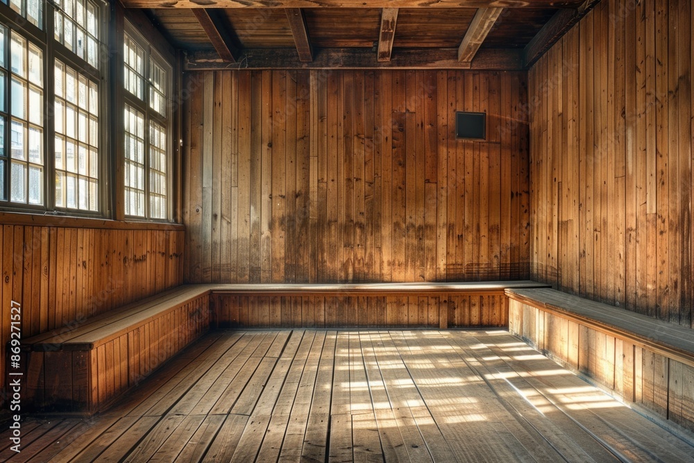 Poster a simple wooden room with a bench and a window