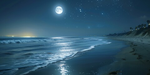 Serene Moonlit Beach with Gentle Waves under Starry Skies