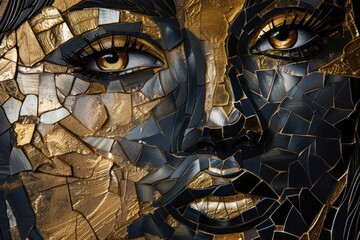 Obraz premium Portrait of a woman in black and gold mosaic. Design wall, poster, modern art.