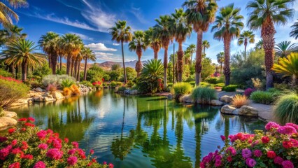 Serenely beautiful lush greenery and vibrant flowers thrive in arid desert surroundings with majestic palm trees and tranquil water features.