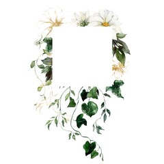 Watercolor floral gold frame featuring flowers, herbs, fern and buds. Hand-drawn composition of a plant bouquet on a white background. An outdoor illustration for design, printing, fabric background.