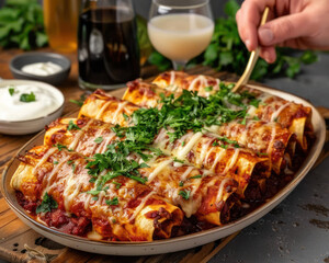 Friends Sharing a Large Platter of Enchiladas on Cinco De Mayo Celebrate with a Festive Meal and Enjoy Authentic Mexican Cuisine with Loved Ones
