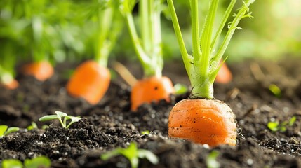 Fresh carrots growing in garden soil, captured in bright sunlight. Perfect for agricultural, gardening, and organic farming themes.