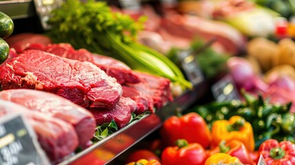 Fresh cuts of meat and a vibrant selection of vegetables on display at a grocery store, emphasizing healthy and nutritious food choices.