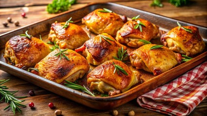 Fototapeta premium Savory aroma wafts from a perfectly arranged tray of golden brown, juicy chicken thighs, fresh from the oven, against a warm background.