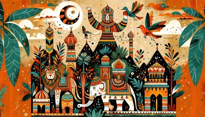 Fototapeta premium ilustración, exótica, lujo, hojas, plátano colores pastel, palma, paisaje, dibujado a mano, palmeras, jungla, wallpaper, papel mural, papel pintado, decoración de interiores, banana, interiorismo