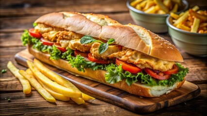 Golden crispy submarine sandwich filled with melted cheese, juicy chicken, crunchy veggies, served with crispy fries on a wooden table.